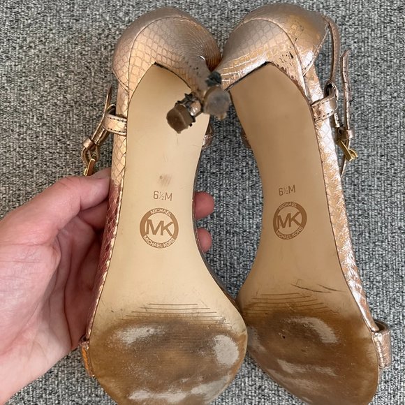 Michael Kors Rose Gold metallic snake design ankle strap heel sandals, size 6.5 - Picture 7 of 7